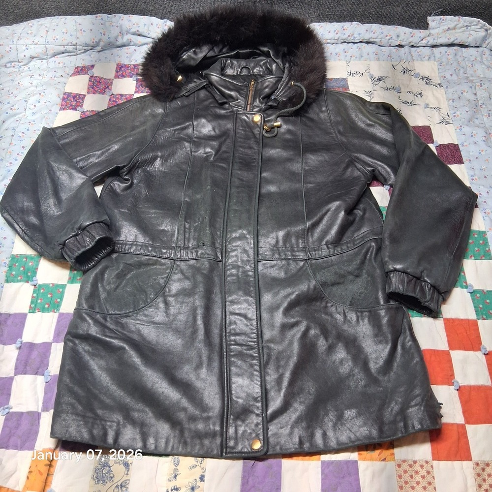 VTG Worthington Lambskin Leather Jacket With Fox Fur Trim Size Medium Black